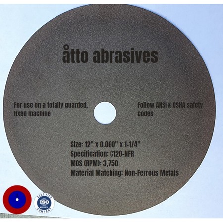 ATTO ABRASIVES Ultra-Thin Sectioning Wheels 12"x0.060"x1-1/4" Non-Ferrous Metals 3W300-150-SN